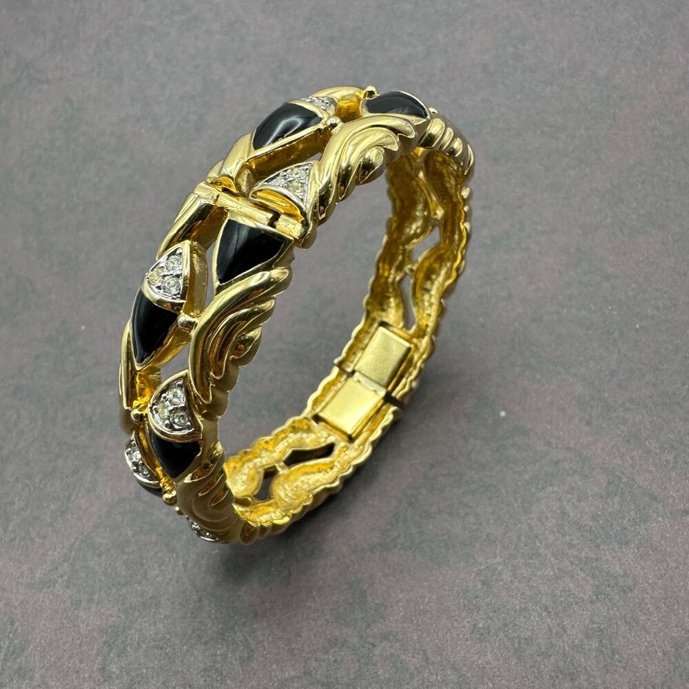 Vintage Saks Fifth Avenue Gold-Tone and Black Enamel and Quartz Bracelet - Picture 8 of 12